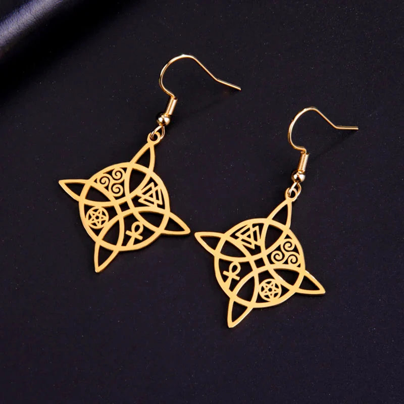 Wiccan Women's Protective Witch's Knot Dangle Earrings Gold