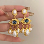 Blue Eye and Pearl Drop Earrings Gold