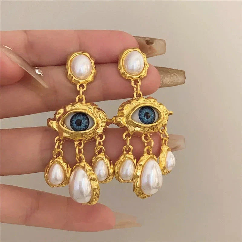 Blue Eye and Pearl Drop Earrings Gold