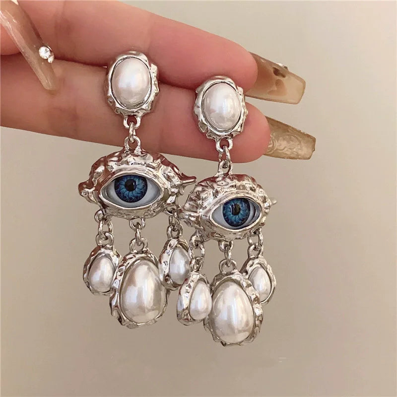 Blue Eye and Pearl Drop Earrings Silver