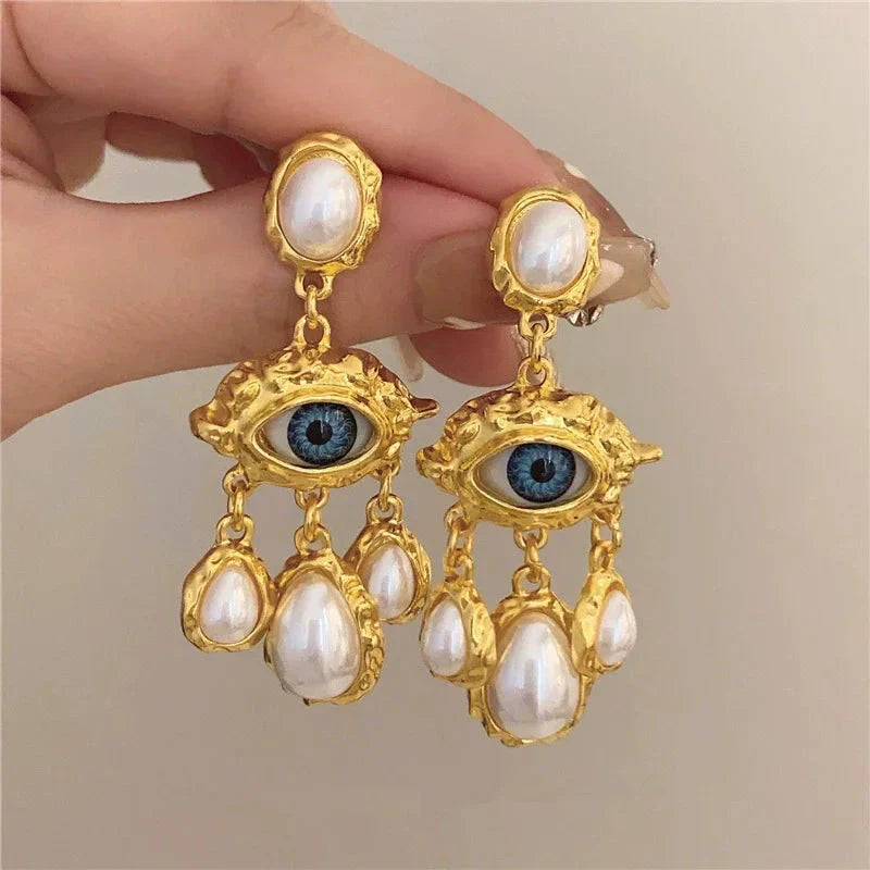 Blue Eye and Pearl Drop Earrings Gold