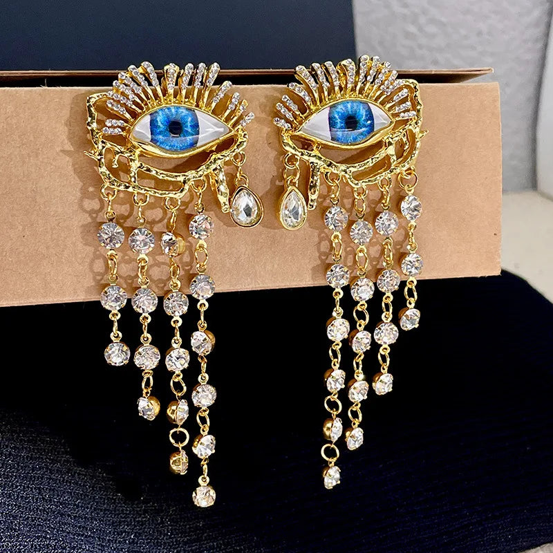 Blue Eye and Rhinestone Dangle Earrings