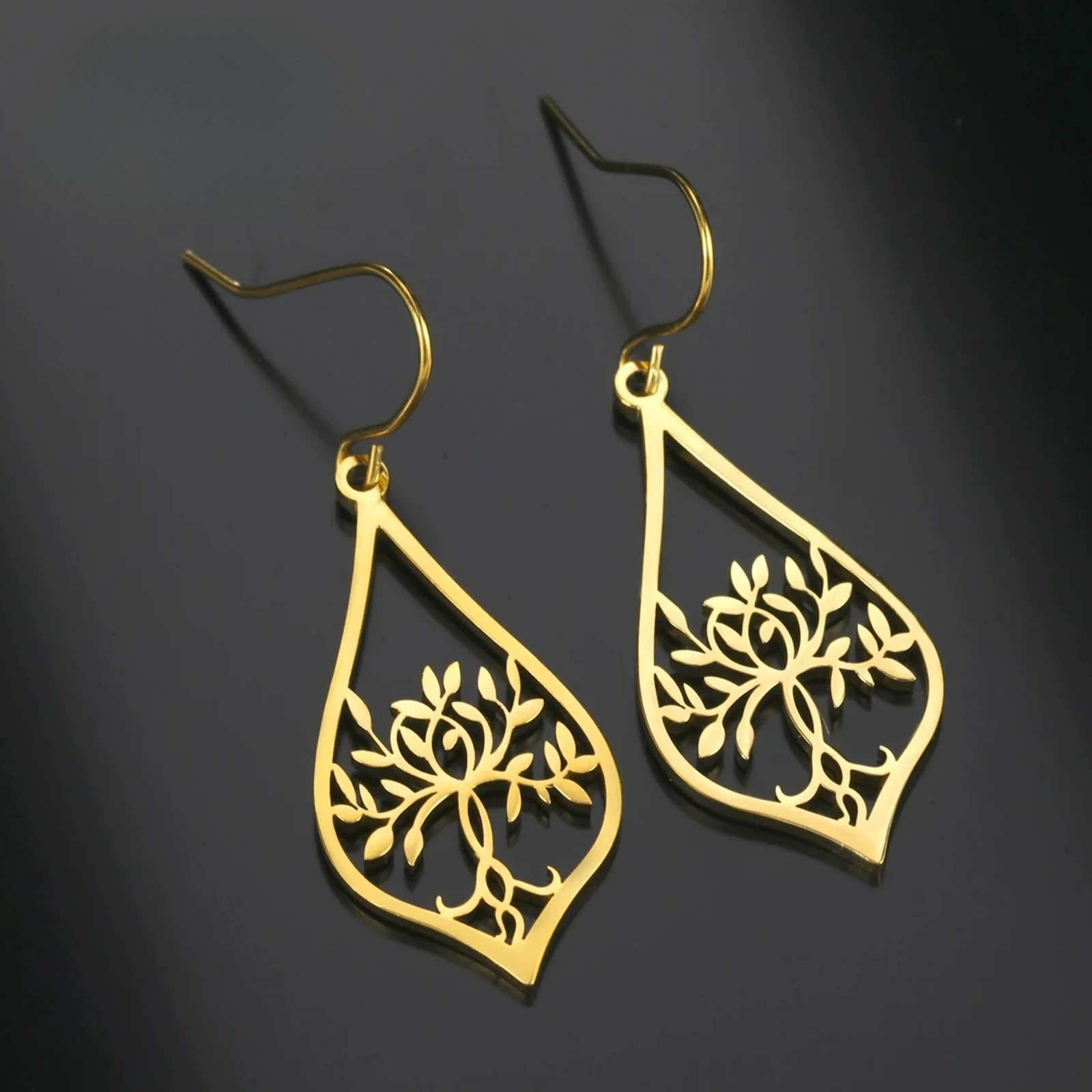 Oval Tree of Life Drop Earrings in Gold