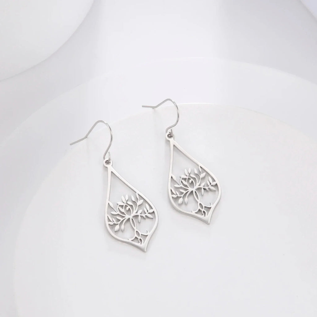 Oval Tree of Life Drop Earrings in Silver