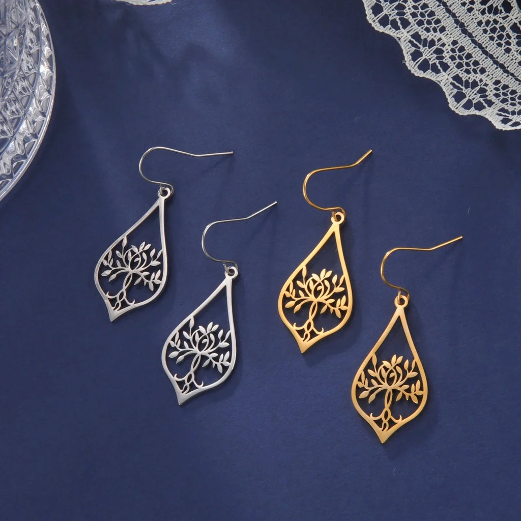 Oval Tree of Life Drop Earrings in Gold