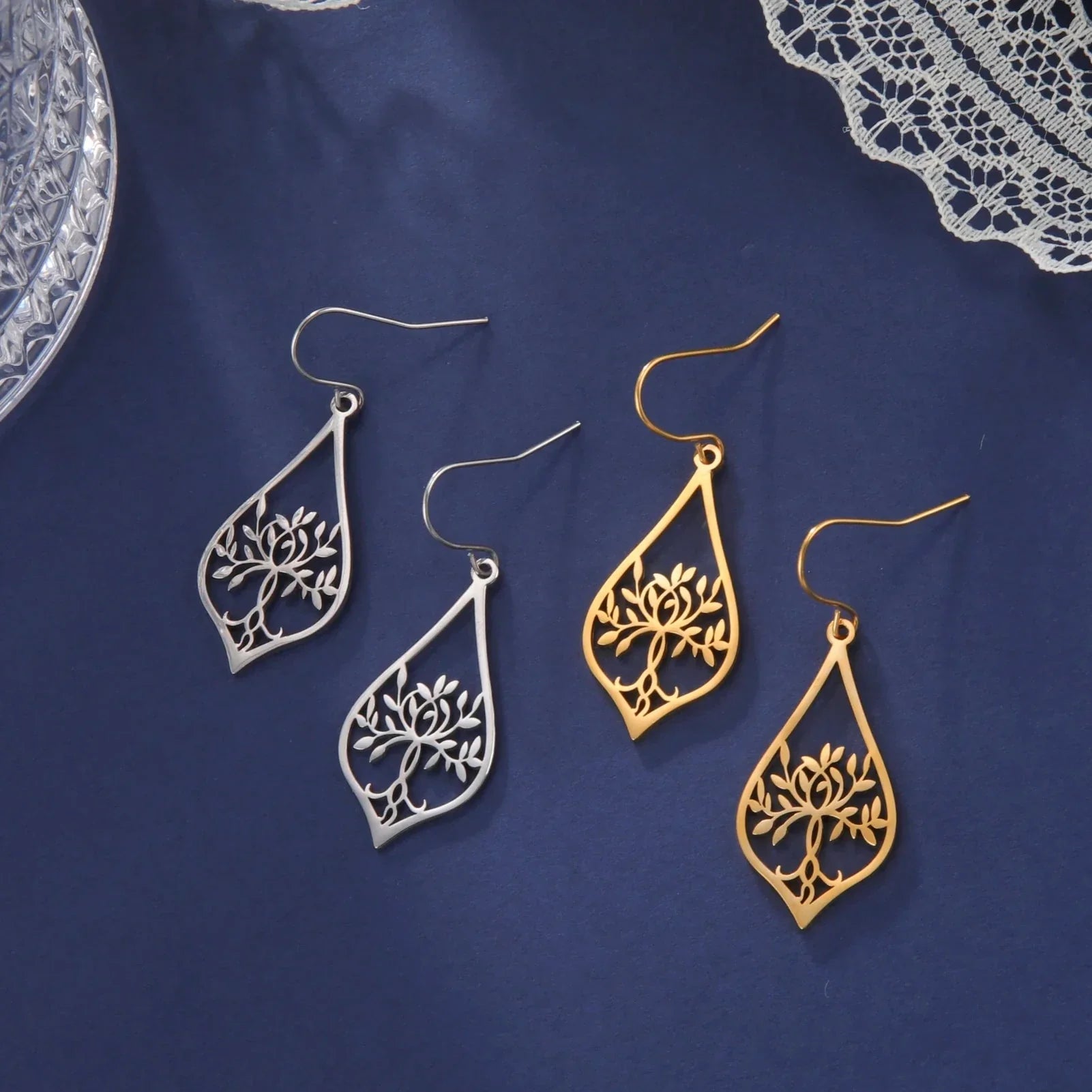 Oval Tree of Life Drop Earrings in Gold
