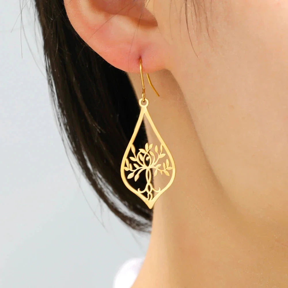 Oval Tree of Life Drop Earrings in Gold
