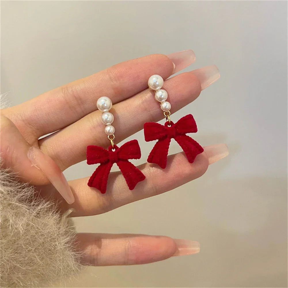 Red Pearl and Knot Dangle Earrings