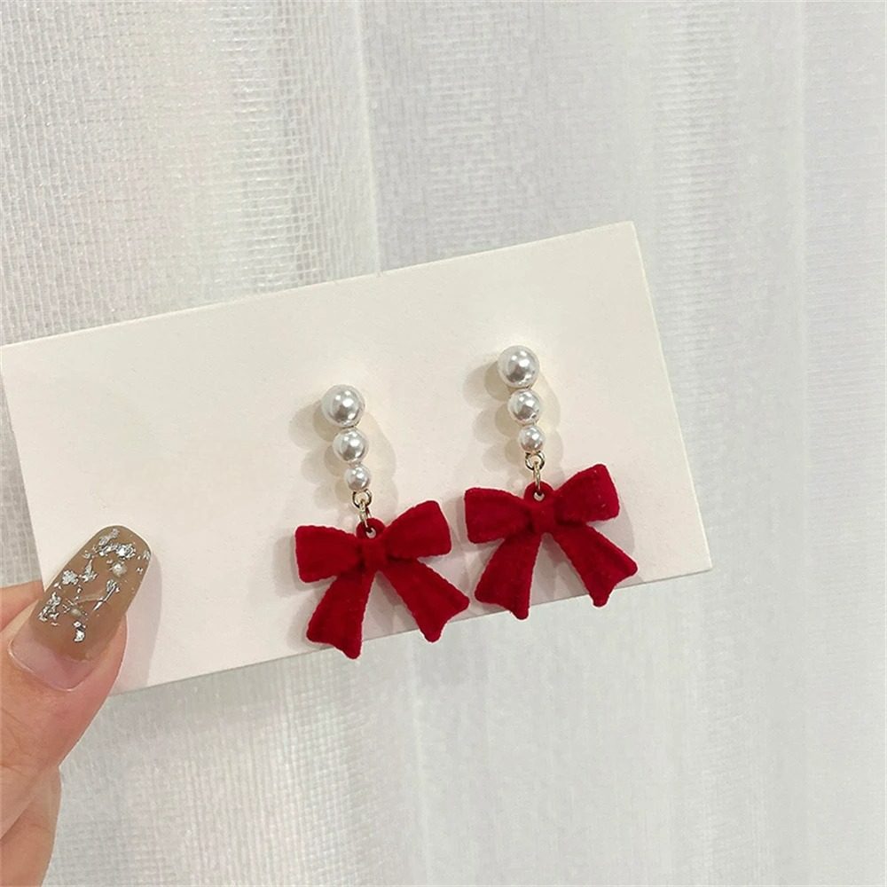 Red Pearl and Knot Dangle Earrings