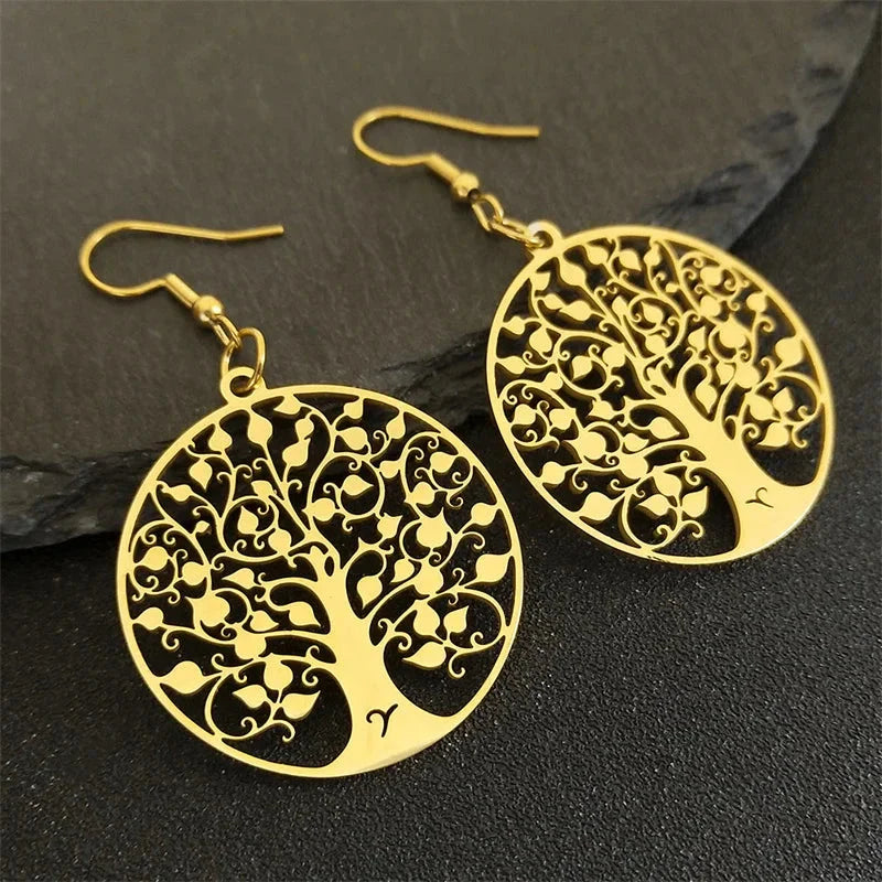 Round Dangle Earrings Tree of Life Gold