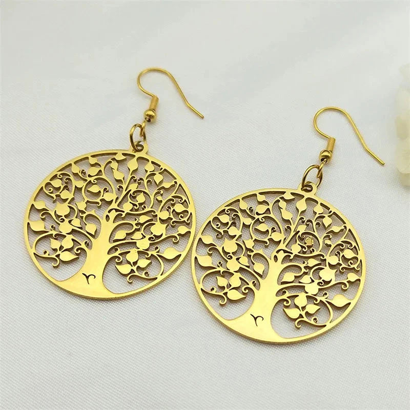 Round Dangle Earrings Tree of Life Gold