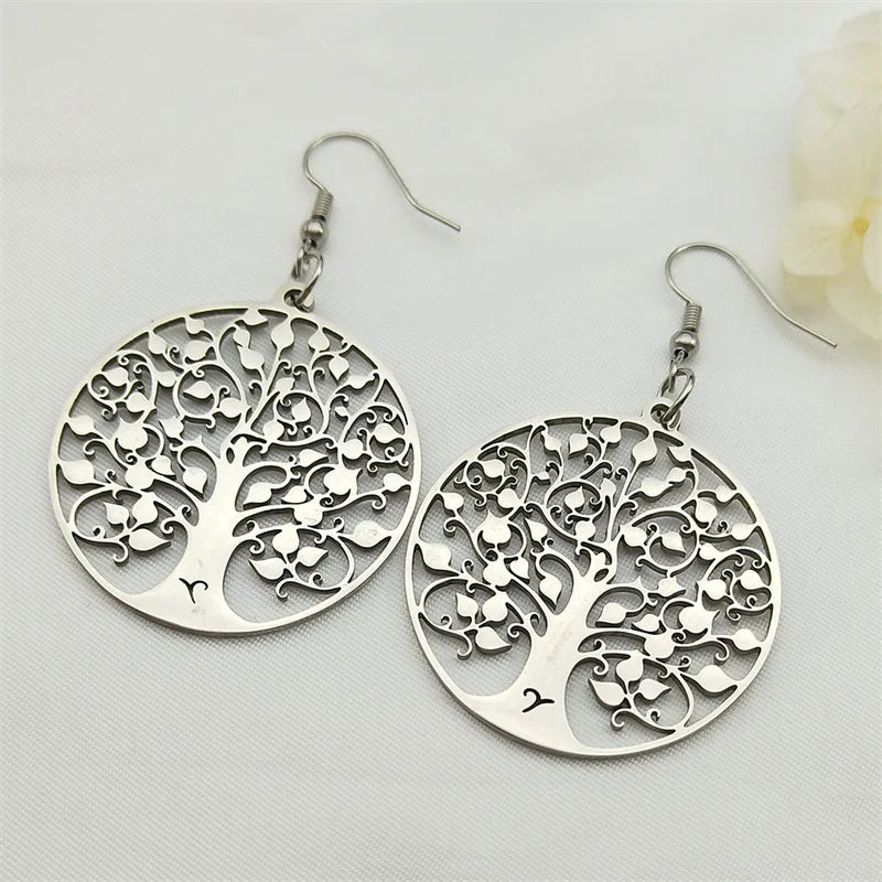 Round Dangle Earrings Tree of Life Silver