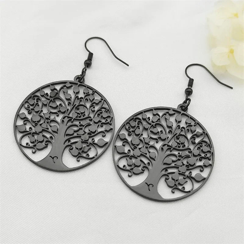 Round Dangle Earrings Tree of Life Black