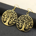 Round Dangle Earrings Tree of Life Gold