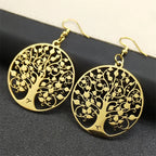 Round Dangle Earrings Tree of Life Gold