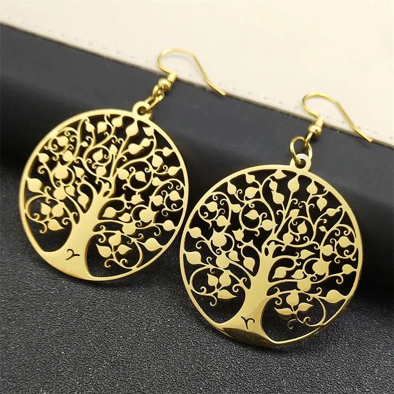 Round Dangle Earrings Tree of Life Gold