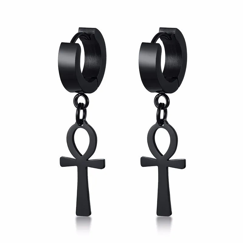 Egyptian Style Ankh Cross Dangle Earrings Black