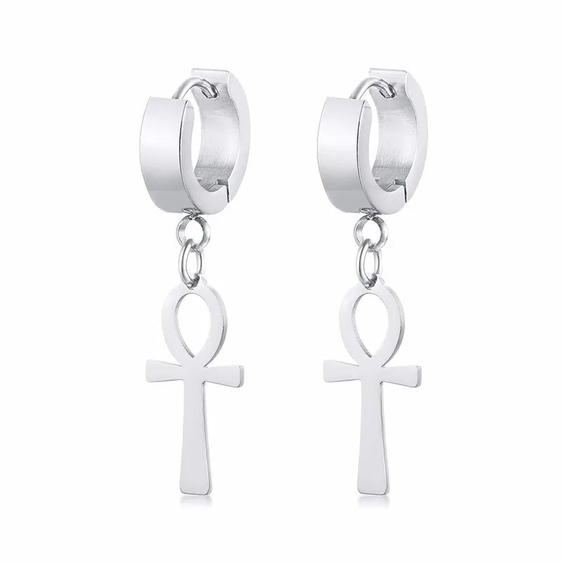Egyptian Style Ankh Cross Dangle Earrings Silver