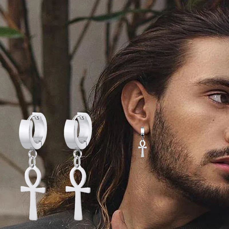 Egyptian Style Ankh Cross Dangle Earrings Silver