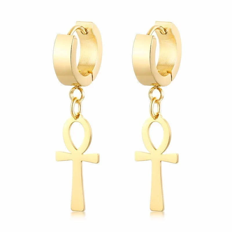 Egyptian Style Ankh Cross Dangle Earrings Gold