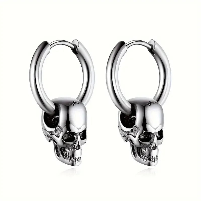 Silver Men's Skull Dangle Earrings
