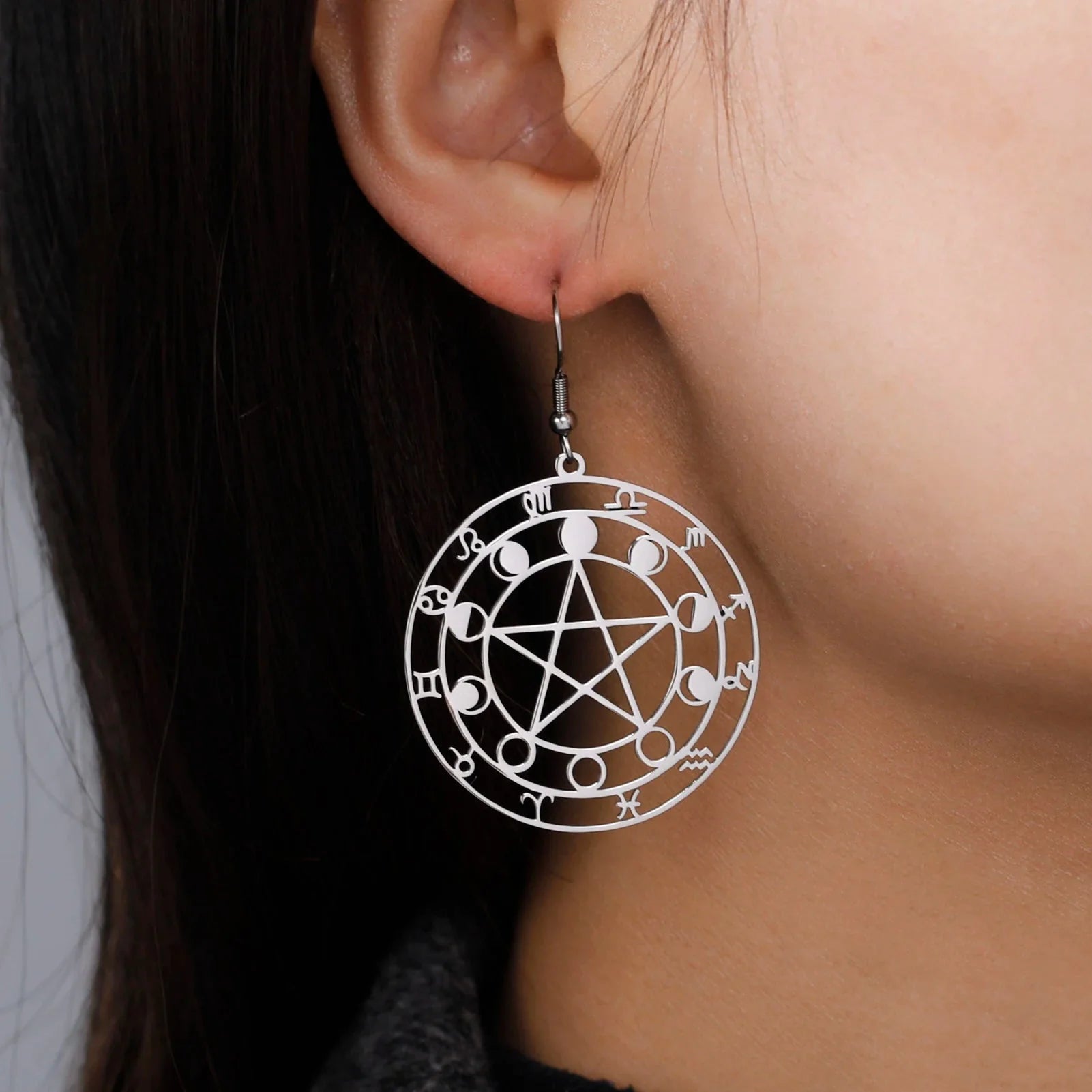 Wiccan Witchcraft Pentacle Dangle Earrings for Women Silver