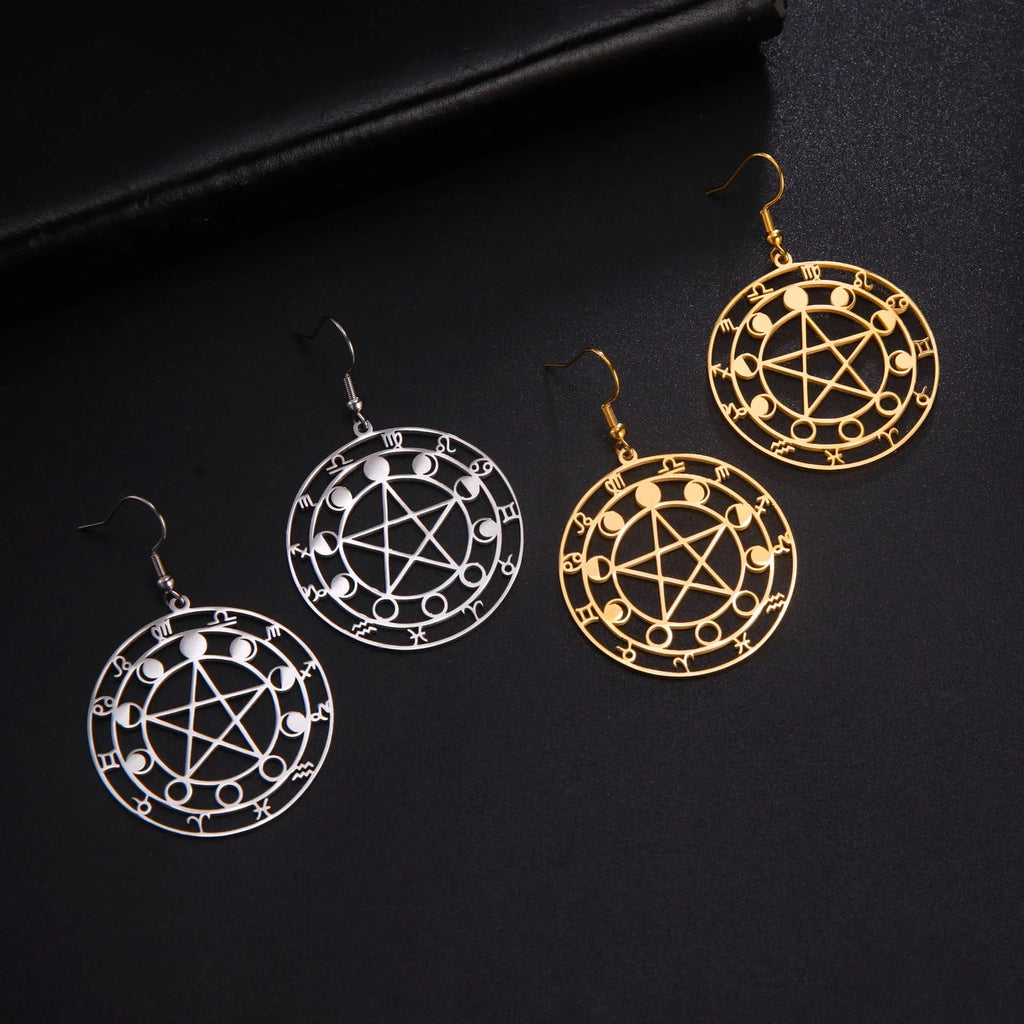 Wiccan Witchcraft Pentacle Dangle Earrings for Women Gold