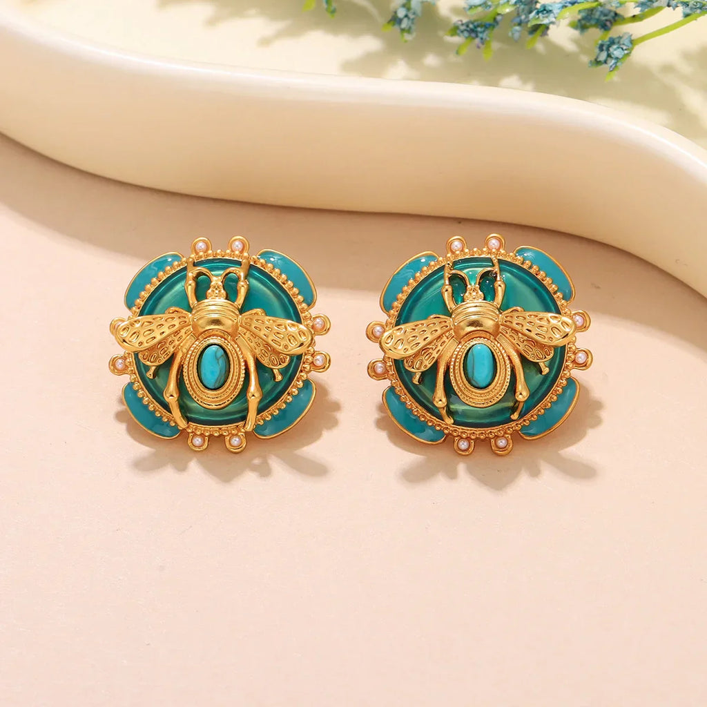 Round Bee Earrings Turquoise