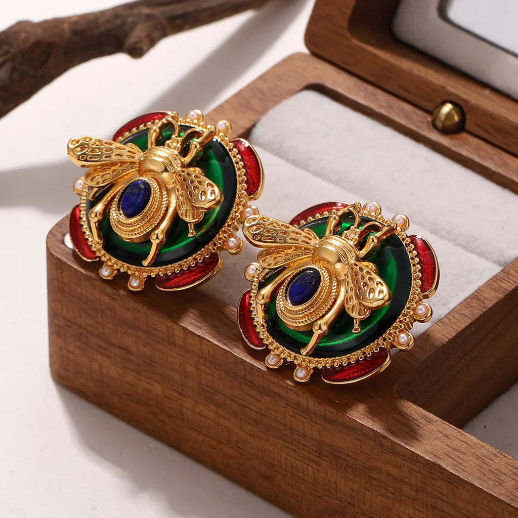 Round Bee Earrings Green