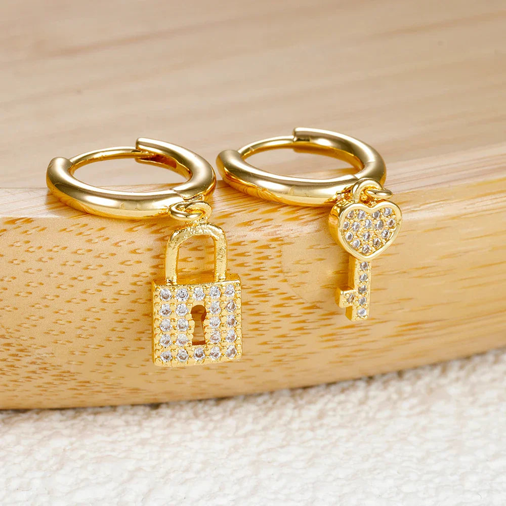 Key and lock hoop earrings with key and lock rhinestones gold