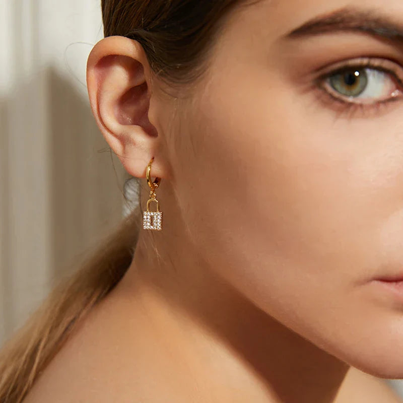 Key and lock hoop earrings with rhinestones