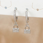 Key and lock hoop earrings with rhinestones silver