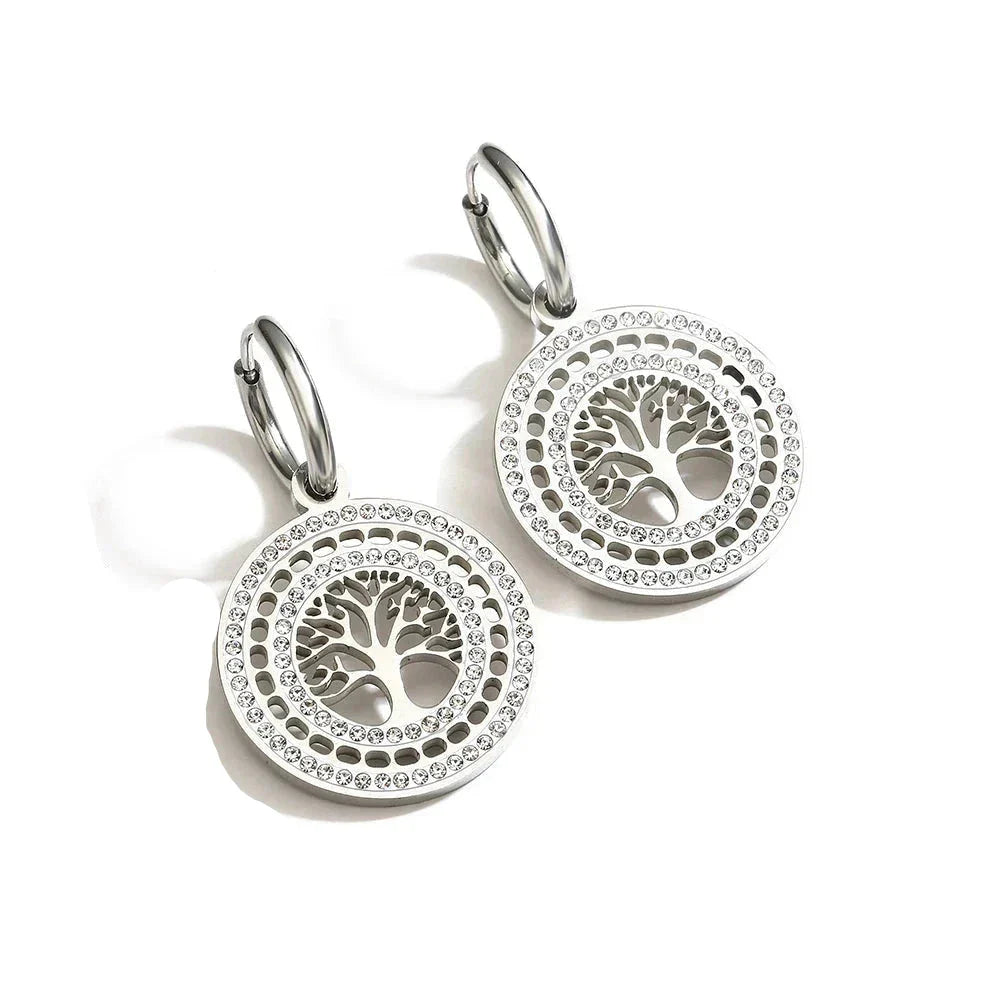 Round Drop Tree of Life Earrings in Silver