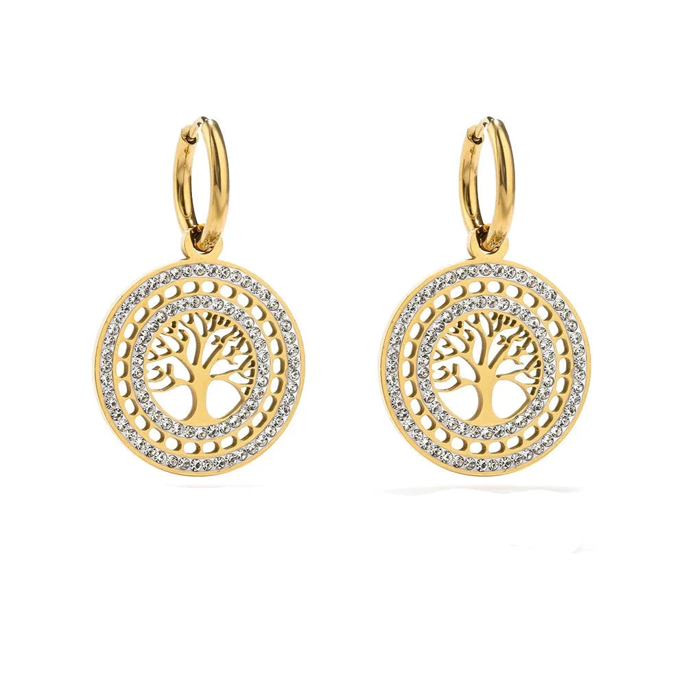 Round Drop Tree of Life Earrings in Gold