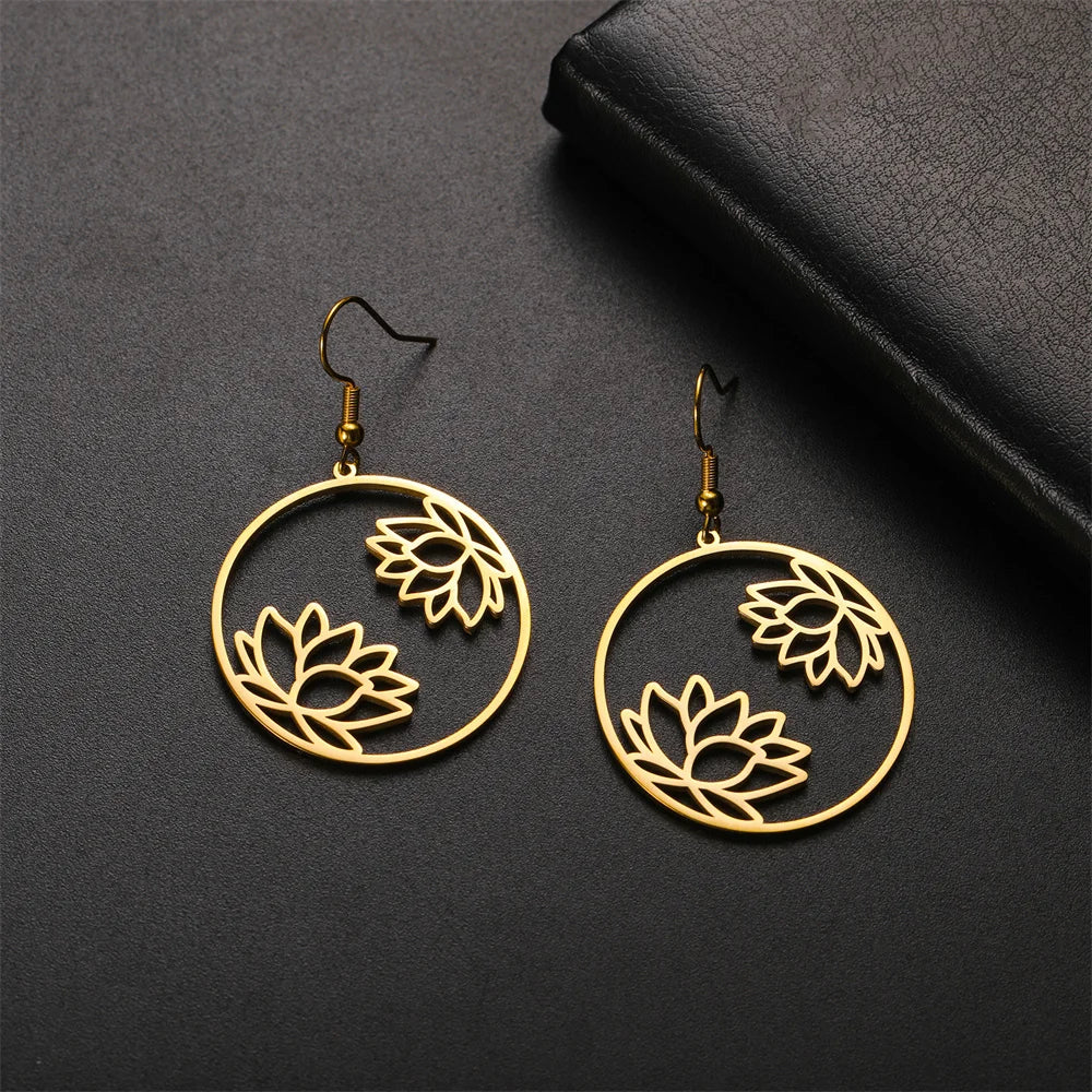 Round Drop Earrings Lotus Flower Gold