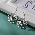 Round Drop Earrings Lotus Flower Silver