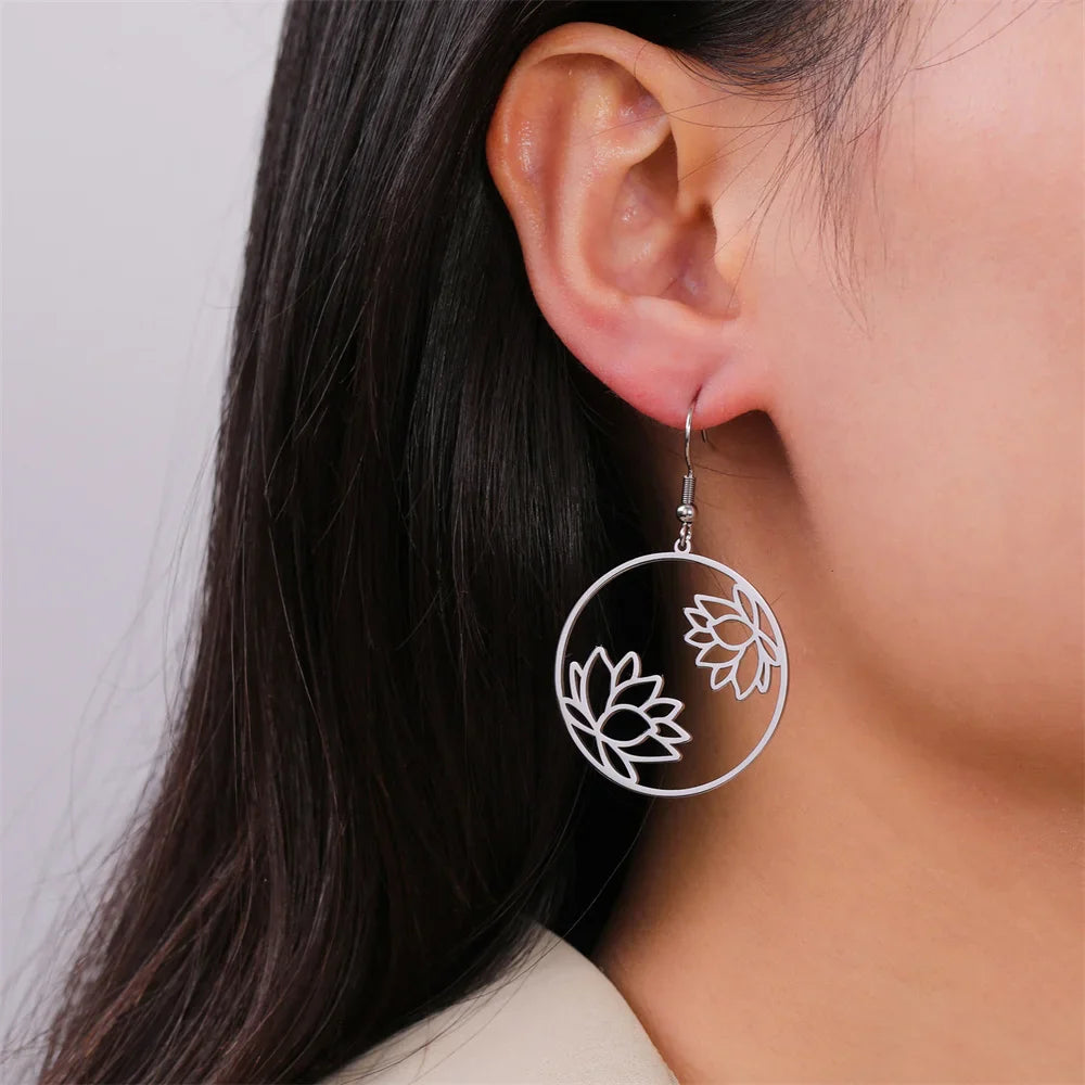 Round Drop Earrings Lotus Flower Silver