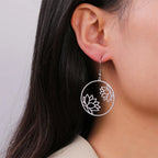 Round Drop Earrings Lotus Flower Silver
