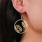 Round Drop Earrings Lotus Flower Gold
