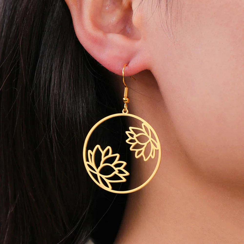 Round Drop Earrings Lotus Flower Gold