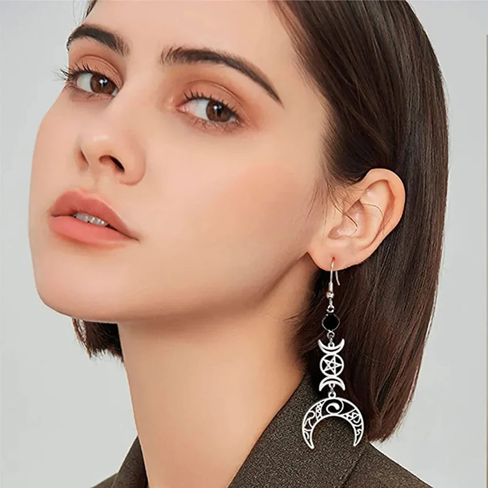 Wiccan Witchcraft Triple Moon Dangle Earrings for Women