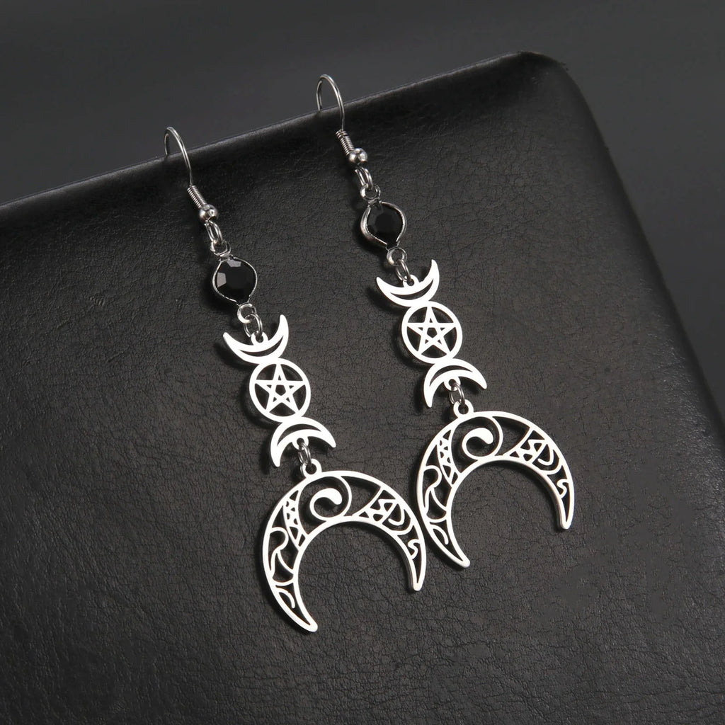 Wiccan Witchcraft Triple Moon Dangle Earrings for Women
