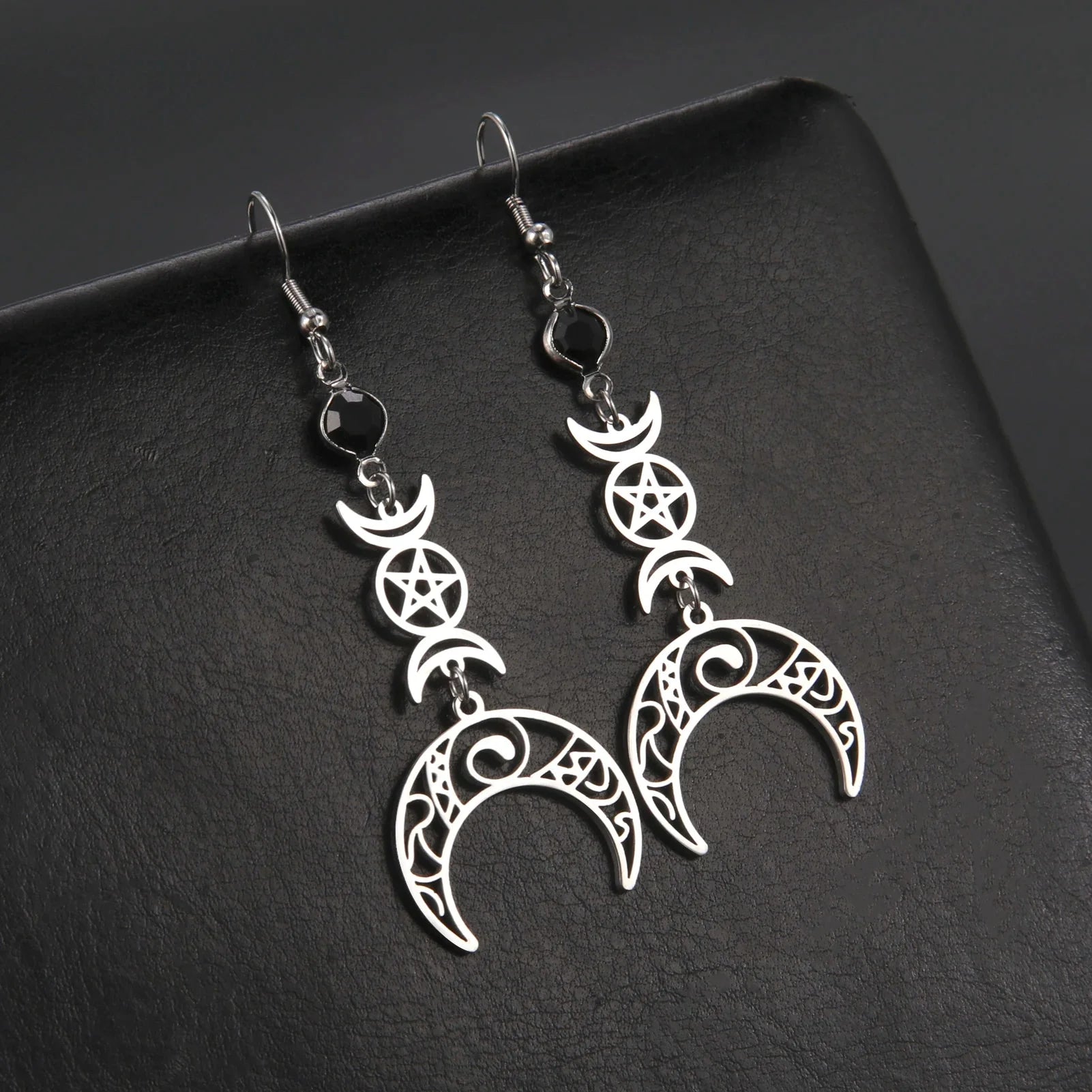 Wiccan Witchcraft Triple Moon Dangle Earrings for Women