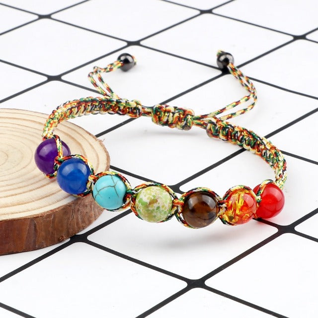 7 Chakras Braided Curb Chain Bracelet Men Women Genuine Stones multicolor