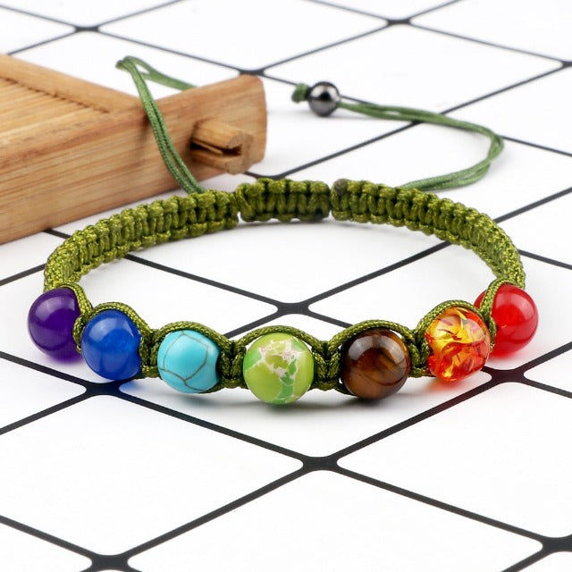7 Chakras Braided Curb Chain Bracelet Men Women Genuine Stones green