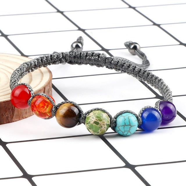 7 Chakras Braided Curb Chain Bracelet Men Women Genuine Stones grey