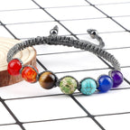 7 Chakras Braided Curb Chain Bracelet Men Women Genuine Stones grey
