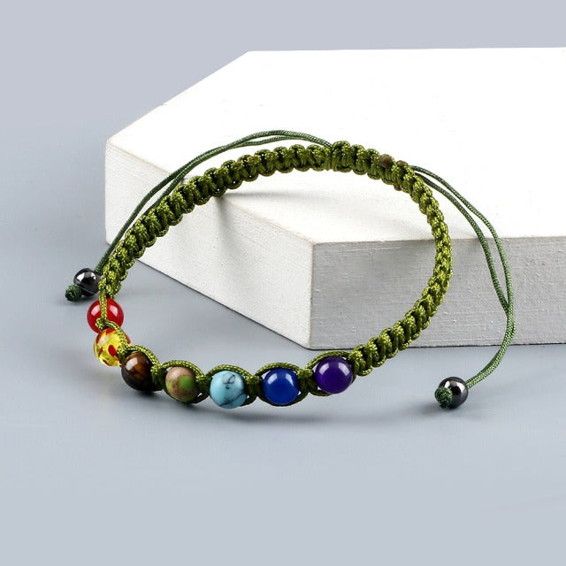 7 Chakras Braided Curb Chain Bracelet Men Women Genuine Stones green