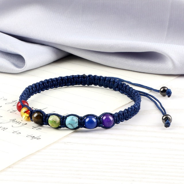 7 Chakras Braided Curb Chain Bracelet Men Women Genuine Stones blue