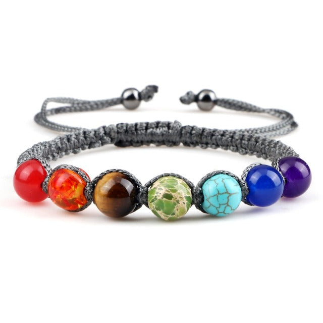 7 Chakras Braided Curb Chain Bracelet Men Women Genuine Stones grey